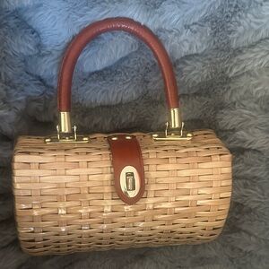 Woven Tan Basket Tote Handbag with Brown Handle